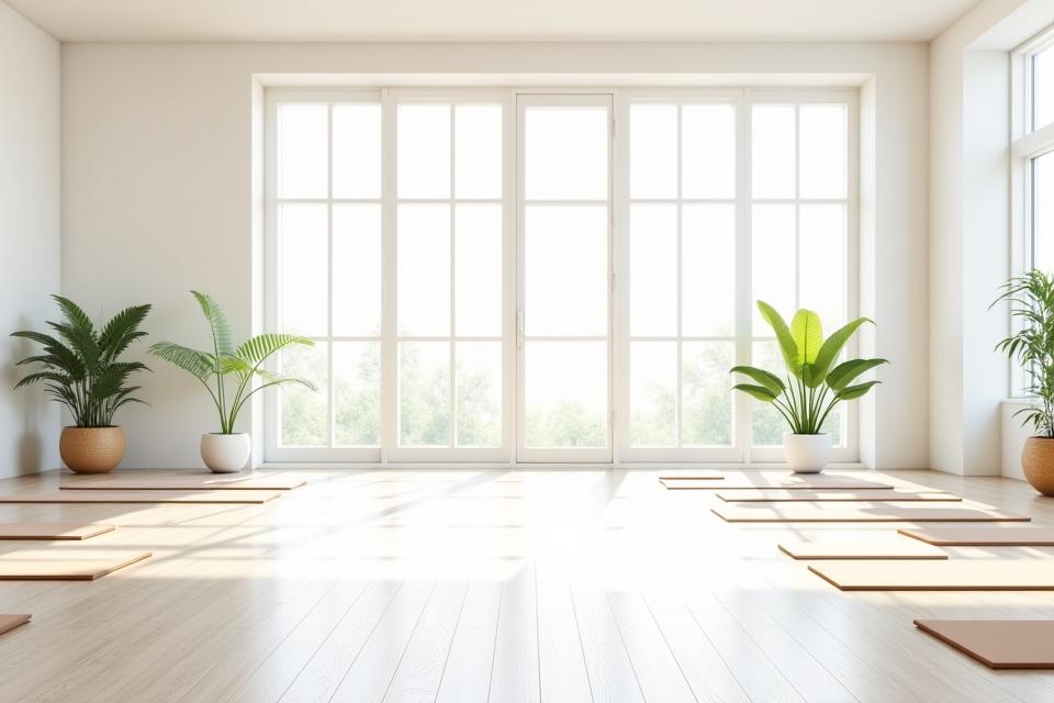 Spacious yoga studio with natural light and minimalist decor